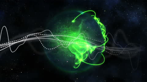 Futuristic Data Visualization with Green Light Trails Transforming Globe