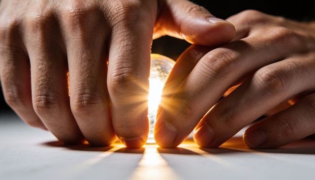 Cupping glowing glass orb between hands producing starburst light and warm reflections