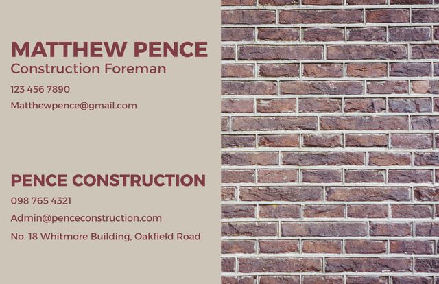 Card with minimalist design features construction foreman details against brick wall backdrop. Ideal for business websites, branding visuals, corporate profiles, and construction industry promotions.