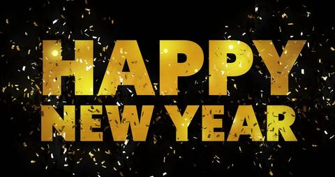Golden happy new year typography with confetti on black background