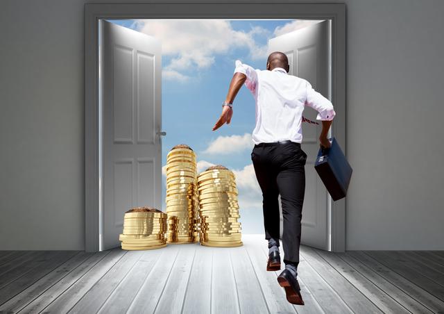 Businessman holding a briefcase running towards large stacks of coins through open double doors with sky in the background. Ideal for concepts such as financial success, career opportunities, wealth acquisition, business growth, and financial goals.