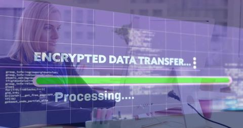Woman working on encrypted data transfer in modern office