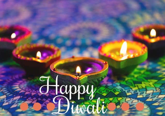 Happy Diwali Greeting with Diyas on Colorful Rangoli Pattern - Download Free Stock Templates Pikwizard.com