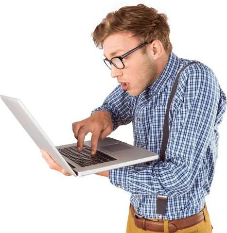 nerdy young man concentrated on laptop isolated transparent - Download Free Stock Videos Pikwizard.com