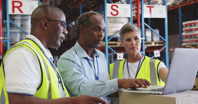 Warehouse Workers Collaborating on Laptop in Storage Area - Download Free Stock Images Pikwizard.com