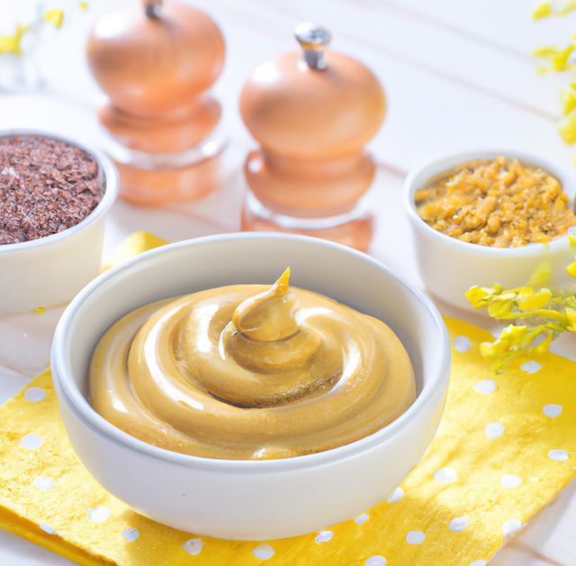 Close up of mustard in bowl on white background created using generative ai technology. Food and nutrition concept, digitally generated image.