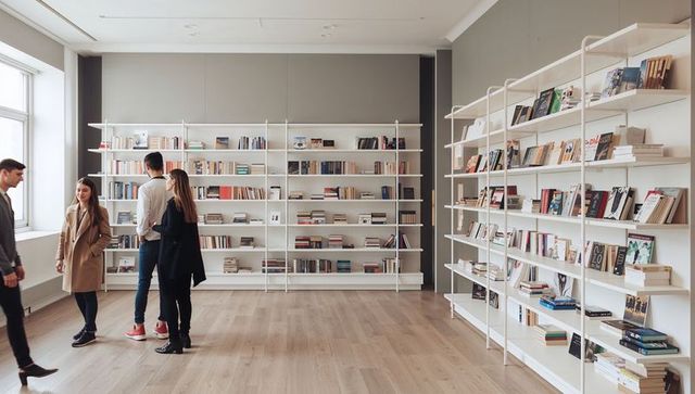 Friends browsing books in bright minimalist bookstore with white shelving and daylight