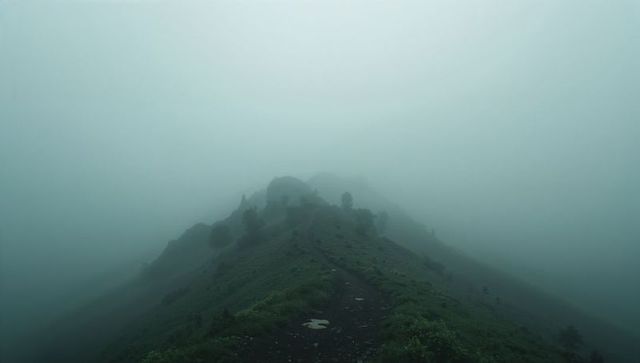 Misty mountain path on foggy day