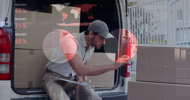 Logistics worker managing deliveries with data visualization - Download Free Stock Images Pikwizard.com