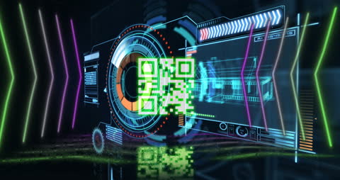 Futuristic QR Code Hologram with Neon Digital Interface