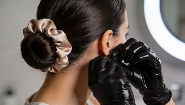 Gloved hands fastening gold earring on woman with satin scrunchie and sleek bun under ringlight