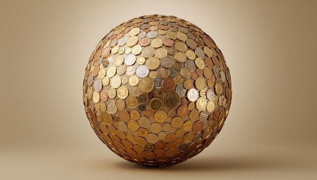 Spherical coin mosaic sculpture reflecting warm gold and bronze highlights finance concept