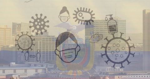 Health and Safety Icons Overlay with Urban Skyline