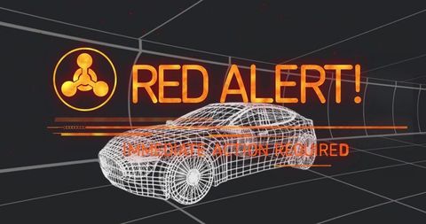 Futuristic Wireframe Car with Red Alert Warning in Digital Tunnel