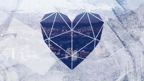 Geometric Heart Over Cityscape Symbolizing Global Connectivity