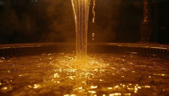 Stream of golden liquid creating luxurious ripples in elegant basin