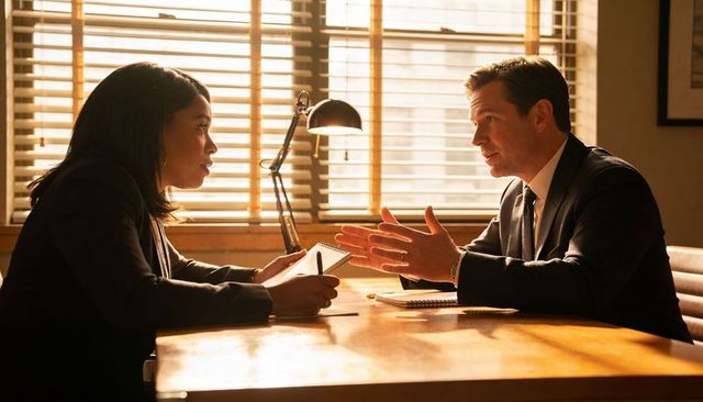 Executive negotiating in sunlit office, man explaining while woman taking notes and listening