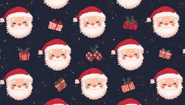 Pixel santa repeat pattern on deep navy with gifts holly confetti for holiday packaging