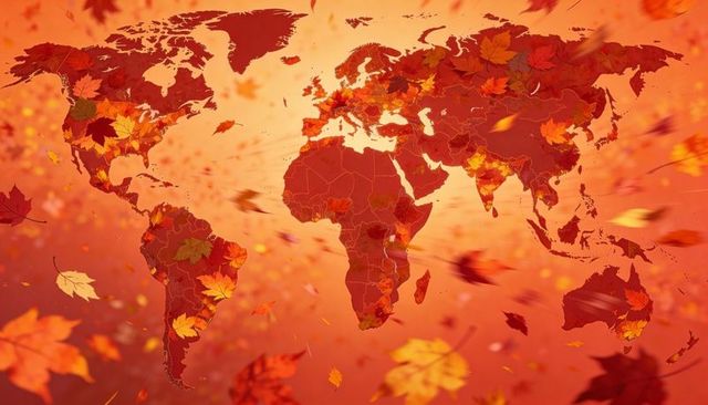 Autumn world map glowing with falling maple leaves and warm orange gradient