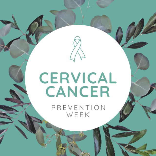 This design is perfect for promoting Cervical Cancer Prevention Week. The leafy border with a green background provides a refreshing and hopeful look. The inclusion of a ribbon symbol effectively raises awareness about cervical cancer. Ideal for health campaigns, educational content, social media posts, and awareness materials aimed at encouraging preventive measures and supporting those affected by cervical cancer.