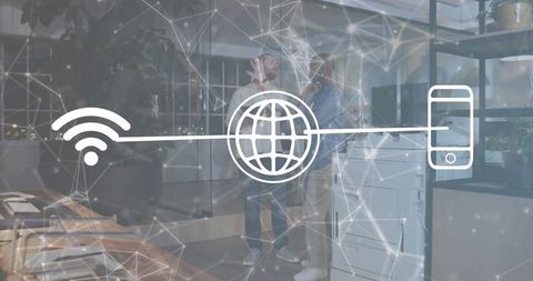 Office network connectivity overlay linking wifi globe and smartphone with team working at copier