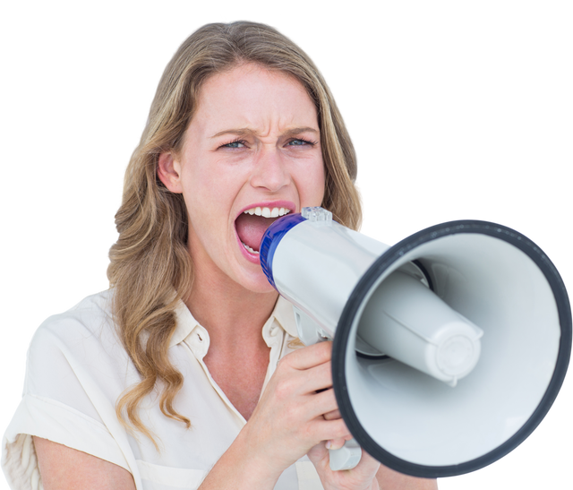 Woman Shouting through Transparent Megaphone on White Background - Download Free Stock Videos Pikwizard.com