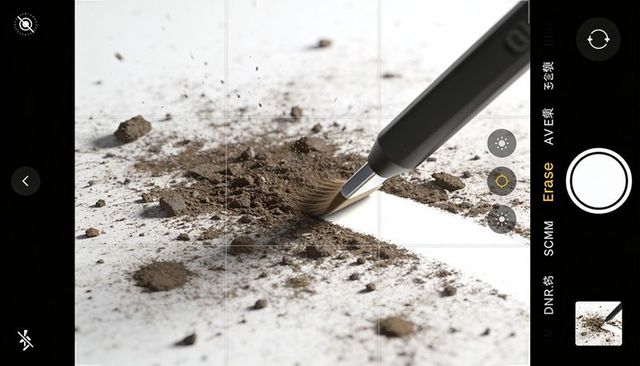 Smartphone viewfinder showing macro brush sweeping dark powder across white paper