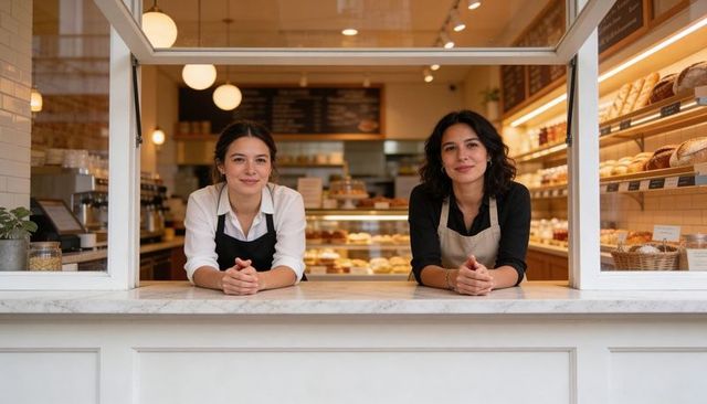 Friendly bakery staff leaning on marble counter with pastry display and warm teamwork