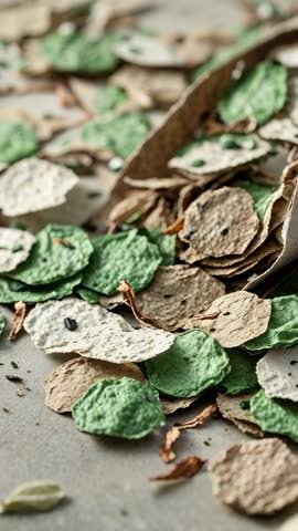 Falling multigrain crisp rounds landing on counter with seeds and herbs vertical video