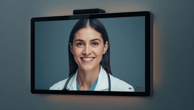 Smiling female doctor appearing on clinic monitor during telemedicine consultation