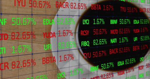 Coffee Cup Displaying Digital Stock Ticker Overlay on Wooden Desk for Finance Concept