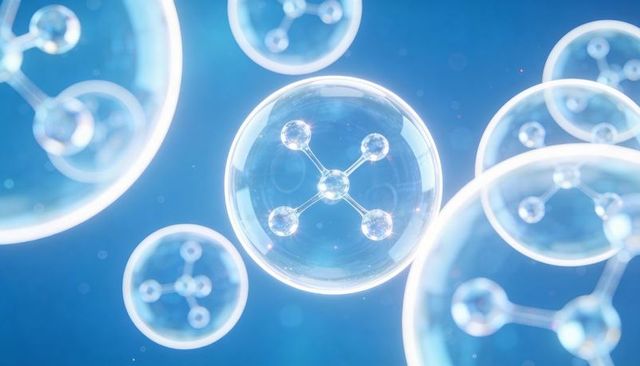 Floating translucent spheres enclosing four-node molecular models on blue bokeh background