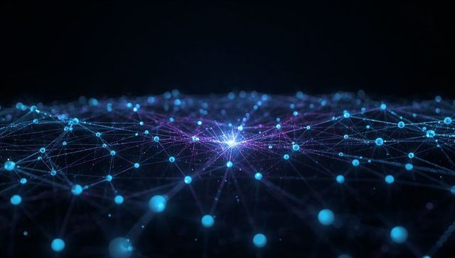 Pulsing neural network hub connecting luminous nodes on futuristic digital grid