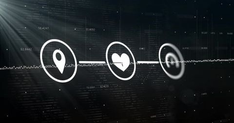 Streaming holographic data visualization with location pin, heart pulse and target icons