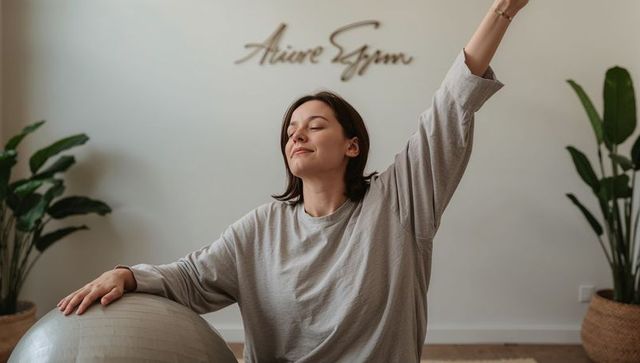 Serene woman stretching with stability ball in minimalist yoga and wellness studio