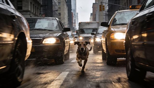 Stray dog sprinting down wet downtown street between taxis and heavy traffic