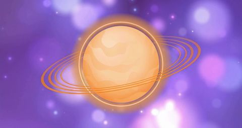 Golden Ringed Planet Drifting Through Purple Cosmic Nebula with Glowing Orbs