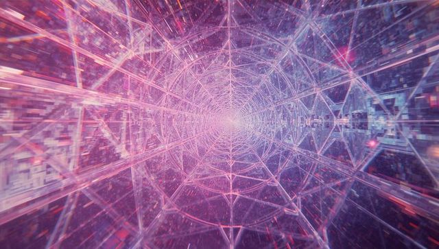 Futuristic glowing wireframe tunnel in digital cyberspace