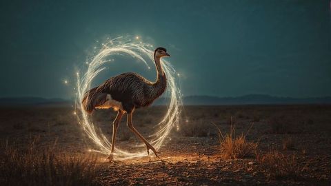 Emu embraced by magical sparks at desert dusk