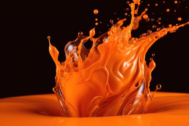 Close up of orange liquid splashing on black background created using generative ai technology. Liquid and colour concept digitally generated image.