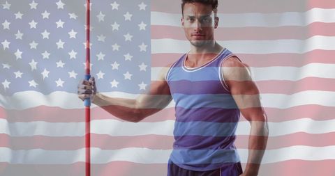Patriotic athlete holding javelin with usa flag overlay