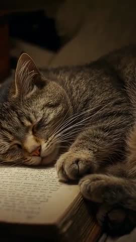 Vertical video of dozing tabby cat napping on open book, cozy home reading moment