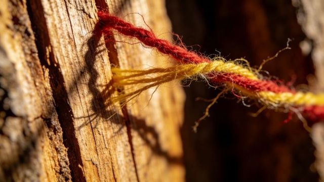 Looping frayed red and yellow twine pressing into rustic timber notch casting sharp shadow