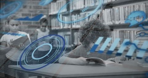 Curly-haired child reading at library table with blue hud overlays for digital learning