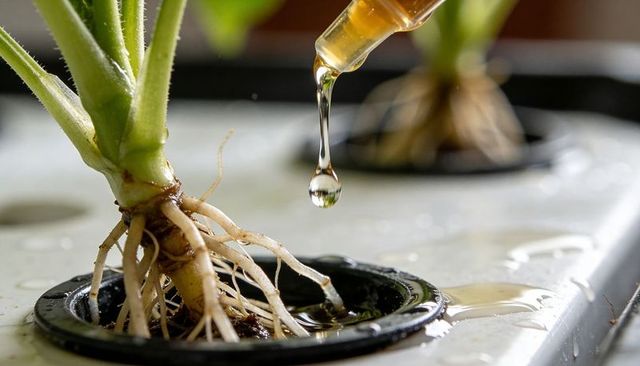 Hydroponic propagation with nutrient droplet falling from pipette onto plant cutting roots