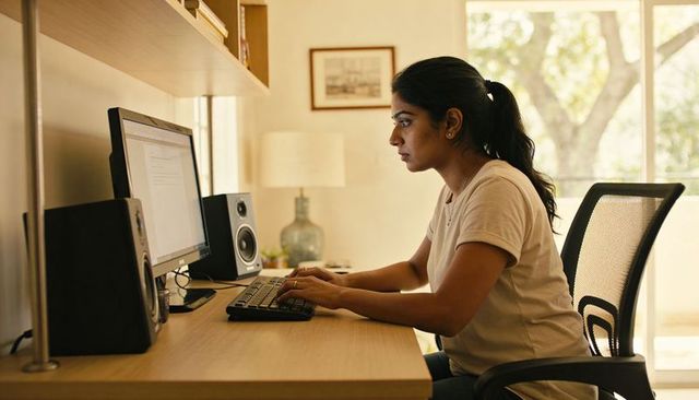 Indian woman working from home typing on desktop in sunlit minimalist home office