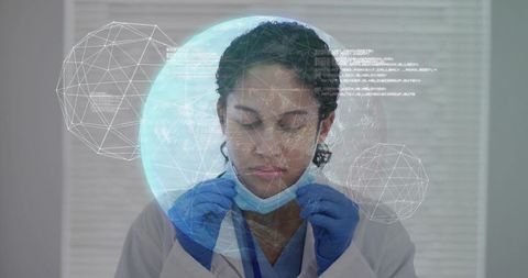 Female clinician removing mask with futuristic augmented reality globe and wireframe