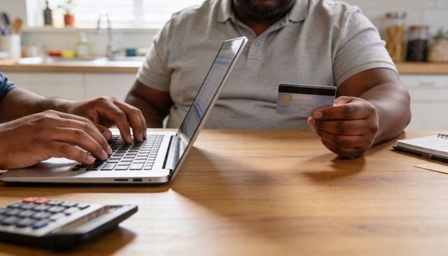 Couple managing finances online at kitchen table using laptop and credit card