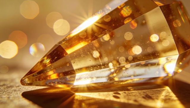 Glowing golden crystal prism refracting warm light and sparkling starburst bokeh