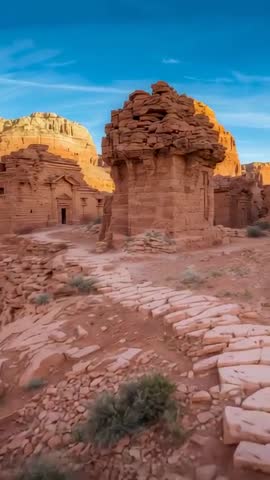 Vertical video pushing along sandstone trail showing mushroom pillar and carved doorway
